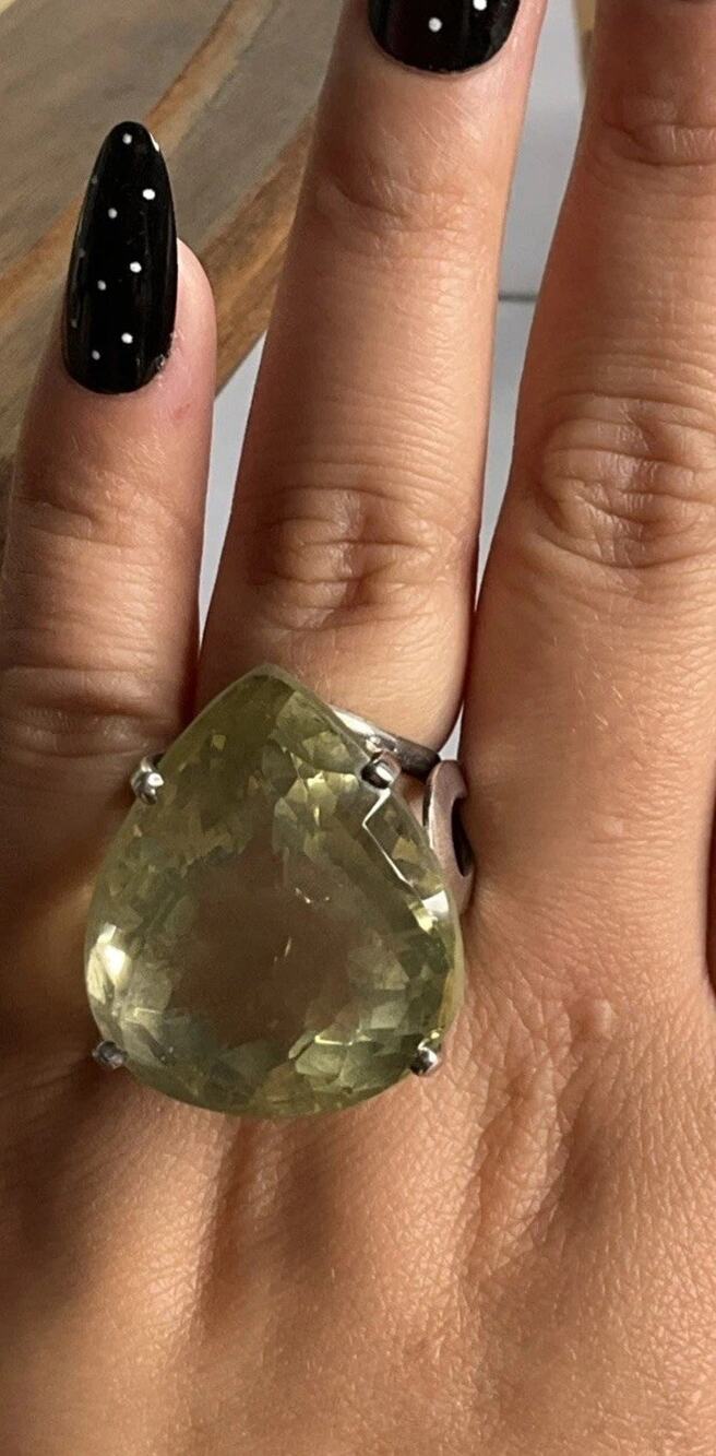 Vintage Sterling Silver Pear Cut Yellow Quartz Cocktail Statement 28g Ring 8.5